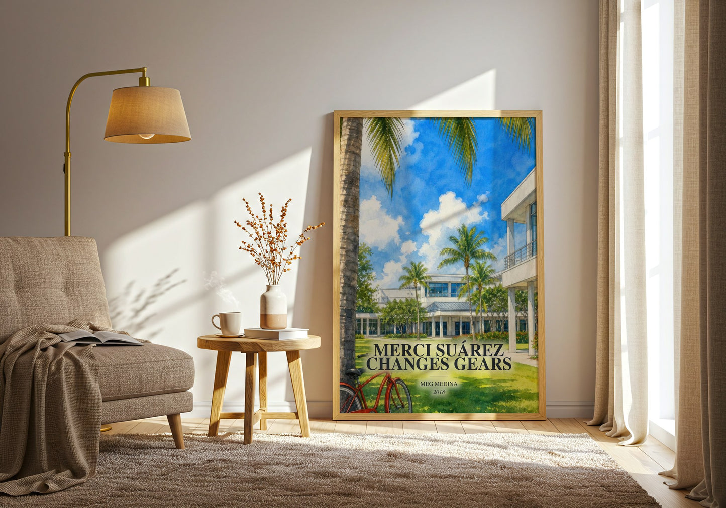 Merci Suárez Changes Gears watercolour print in frame leaning in hallway – childrens wall art