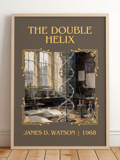 The Double Helix Classic Book Art Print by James D. Watson – framed print leaning on a wooden floor