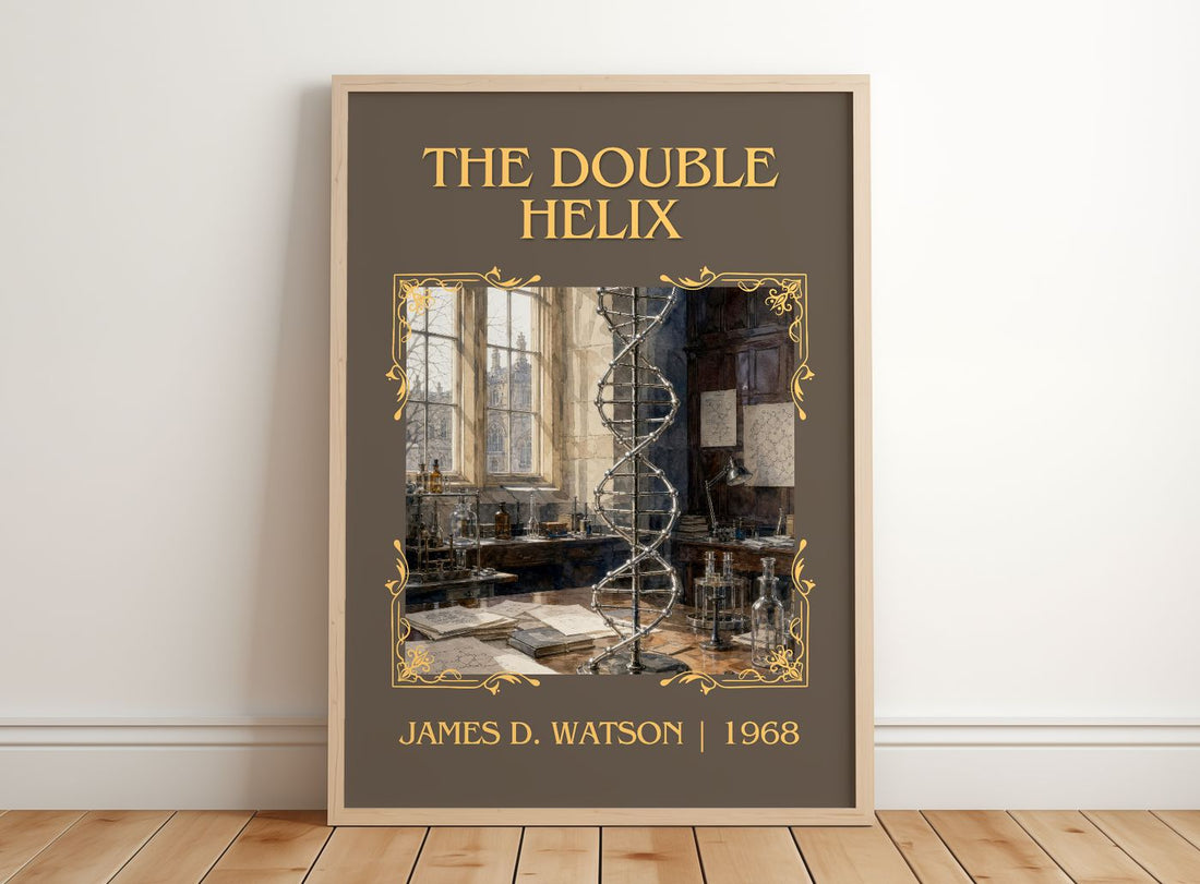 The Double Helix Classic Book Art Print by James D. Watson – framed print leaning on a wooden floor
