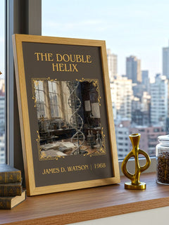 The Double Helix Classic Book Art Print by James D. Watson – framed print on a city-view windowsill