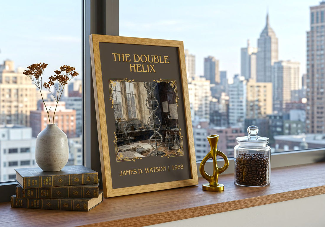The Double Helix Classic Book Art Print by James D. Watson – framed print on a city-view windowsill
