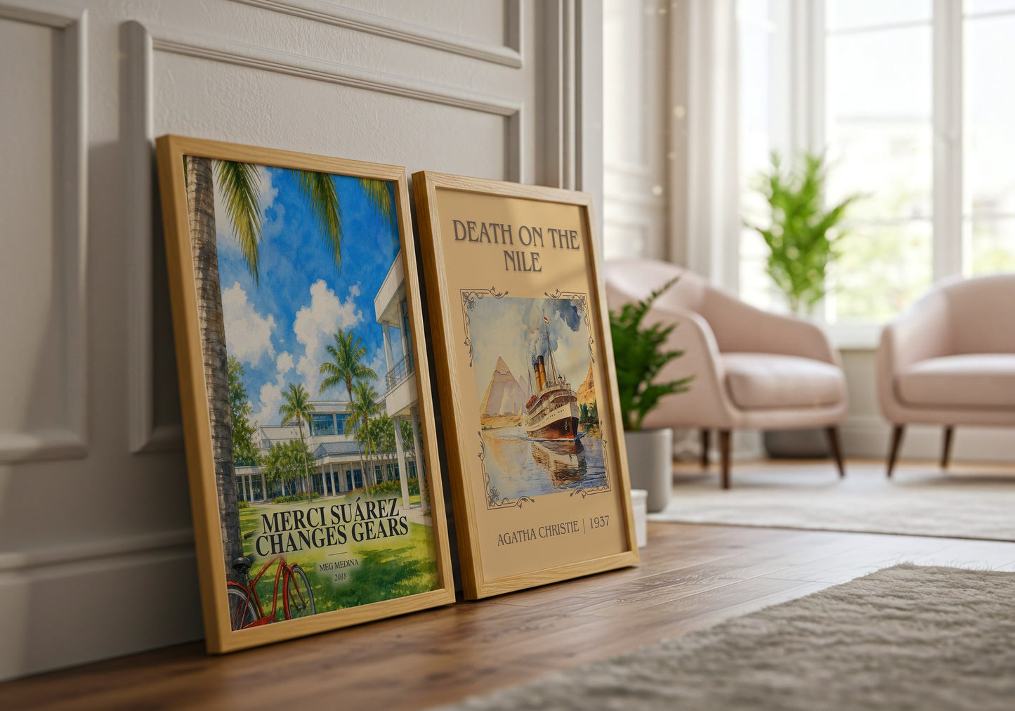 Merci Suárez Changes Gears watercolour print framed by window – literary home decor