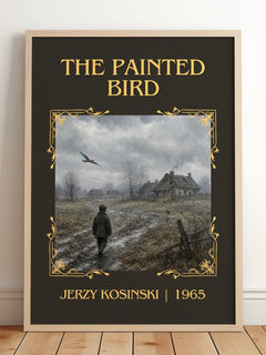 The Painted Bird Classic Book Art Print by Jerzy Kosinski – framed print leaning on a wooden floor