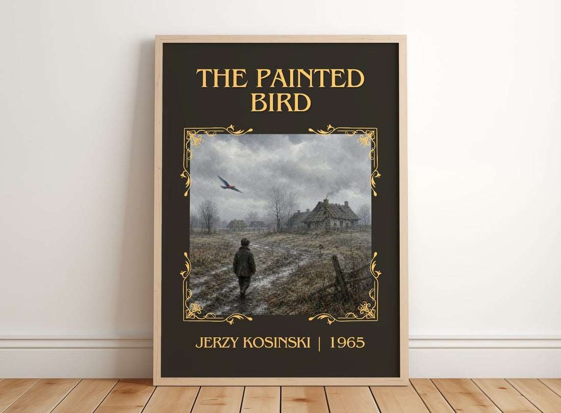The Painted Bird Classic Book Art Print by Jerzy Kosinski – framed print leaning on a wooden floor