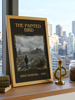 The Painted Bird Classic Book Art Print by Jerzy Kosinski – framed print on a city-view windowsill