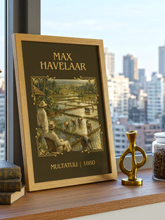 Max Havelaar Classic Book Art Print by Multatuli – framed print on a city-view windowsill