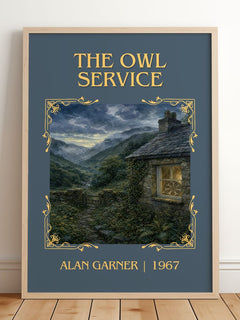 The Owl Service Classic Book Art Print by Alan Garner – framed print leaning on a wooden floor