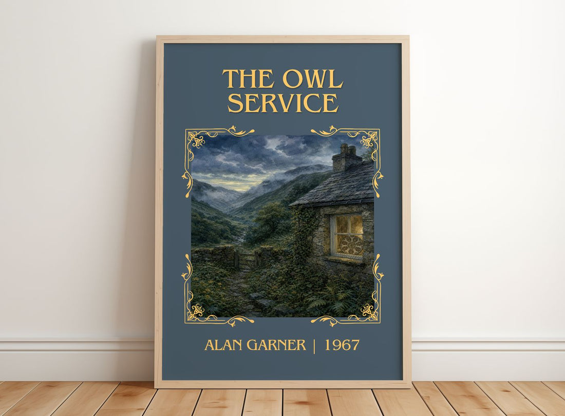 The Owl Service Classic Book Art Print by Alan Garner – framed print leaning on a wooden floor