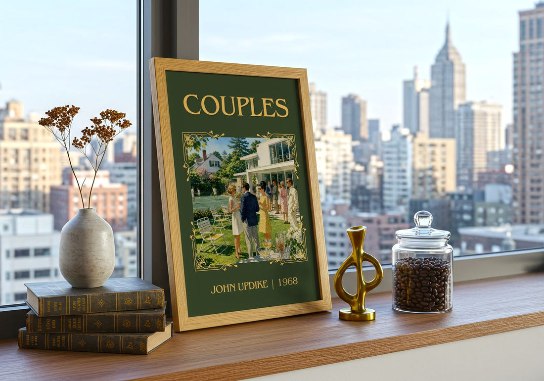 Couples Classic Book Art Print by John Updike – framed print on a city-view windowsill