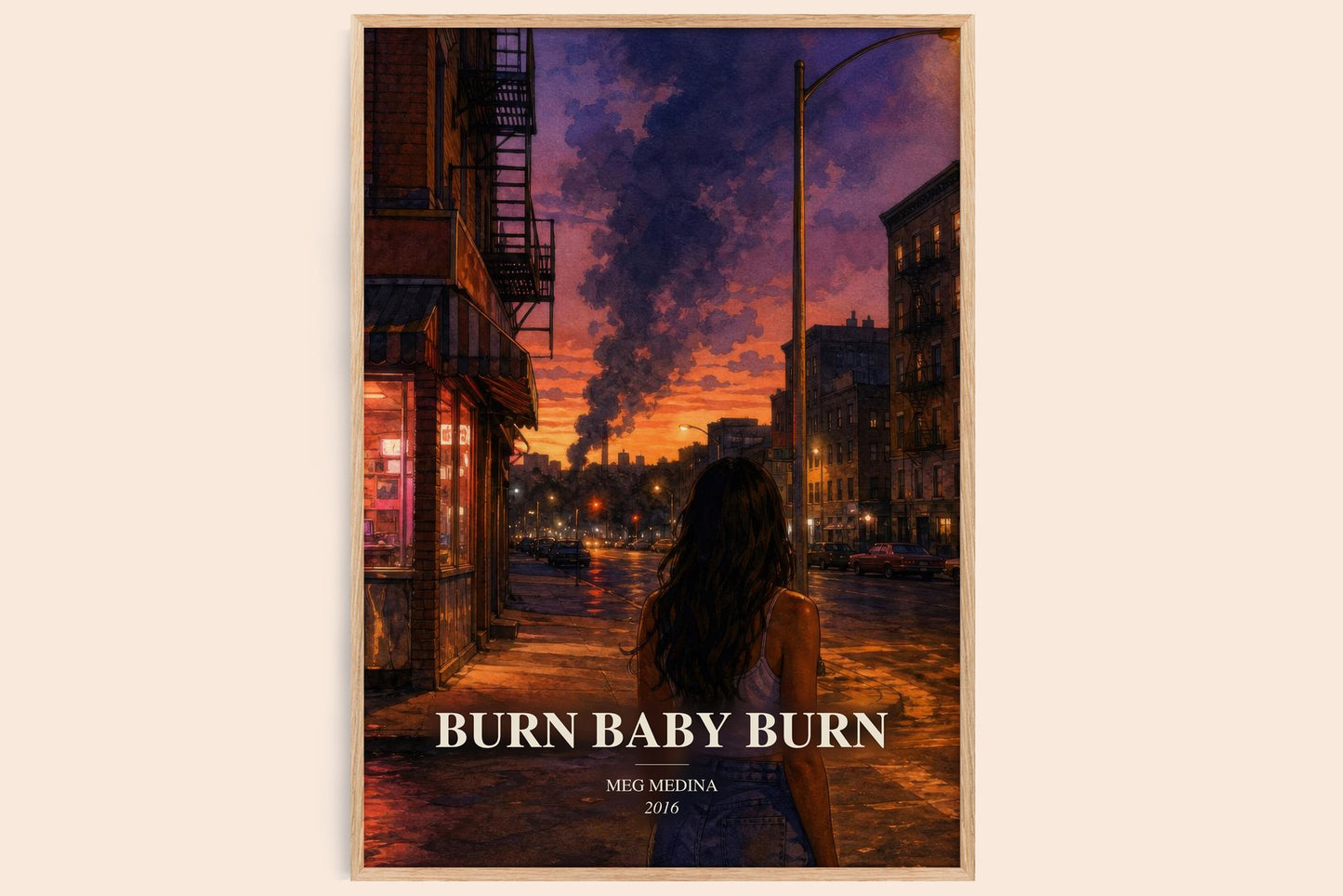 Burn Baby Burn watercolour book poster by Meg Medina – framed literary art print