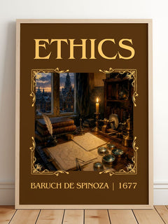 Ethics Classic Book Art Print by Baruch de Spinoza – framed print leaning on a wooden floor