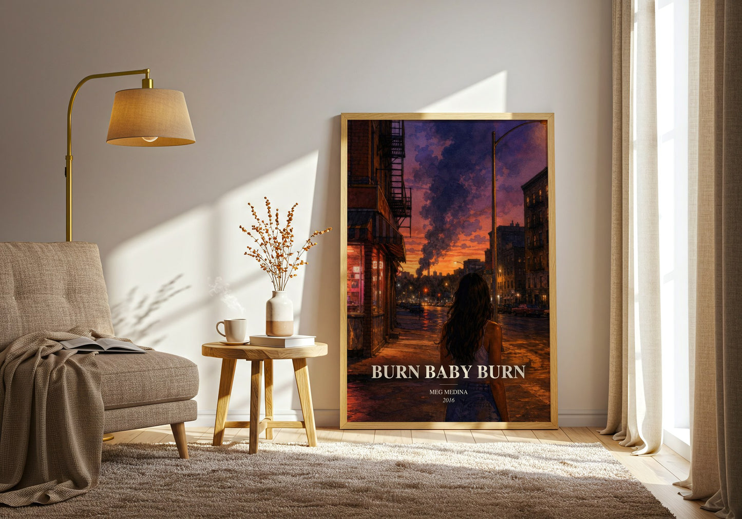 Burn Baby Burn watercolour print in frame leaning in hallway – young adult wall art