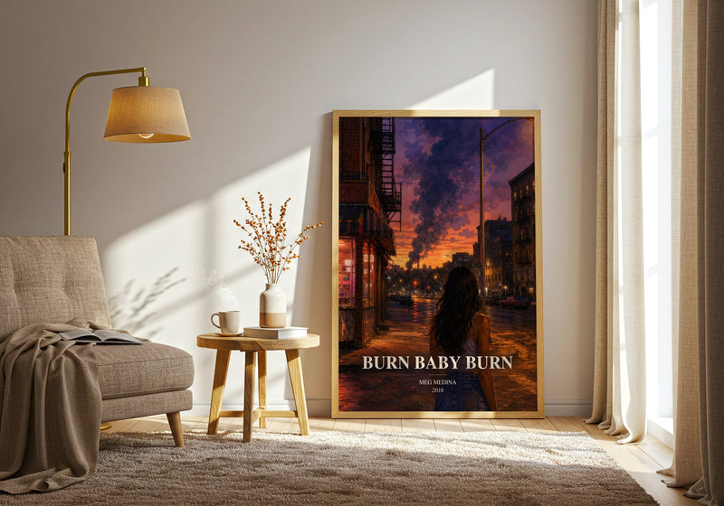 Burn Baby Burn watercolour print in frame leaning in hallway – young adult wall art
