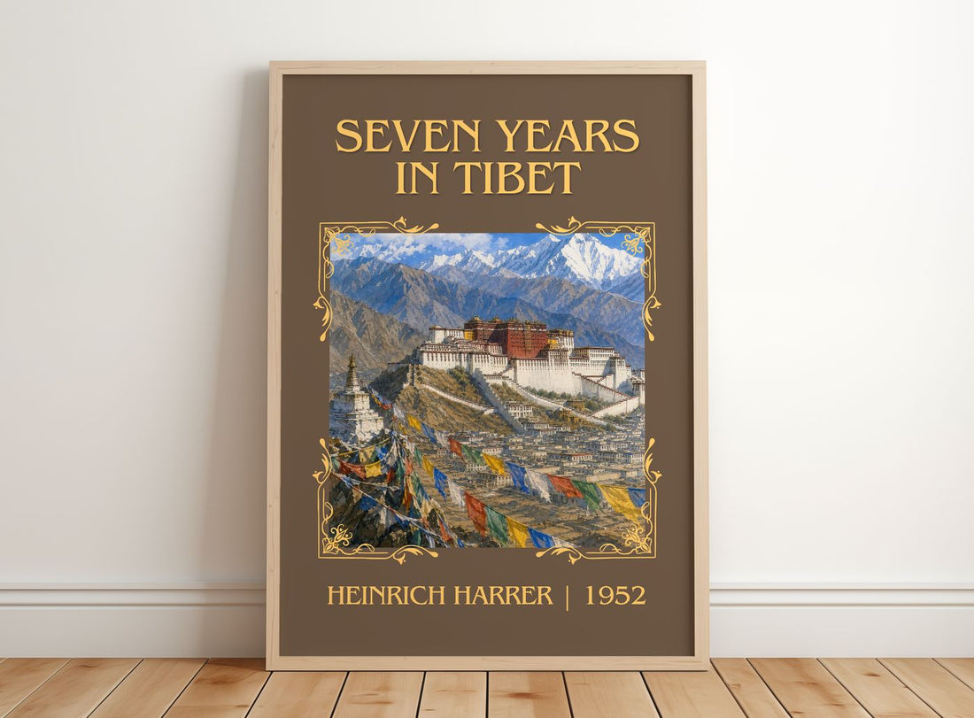 Seven Years in Tibet Classic Book Art Print by Heinrich Harrer – framed print leaning on a wooden floor