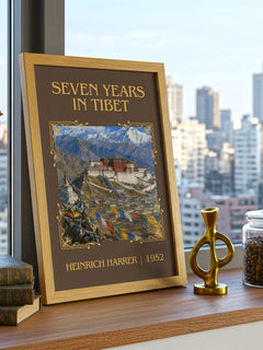 Seven Years in Tibet Classic Book Art Print by Heinrich Harrer – framed print on a city-view windowsill