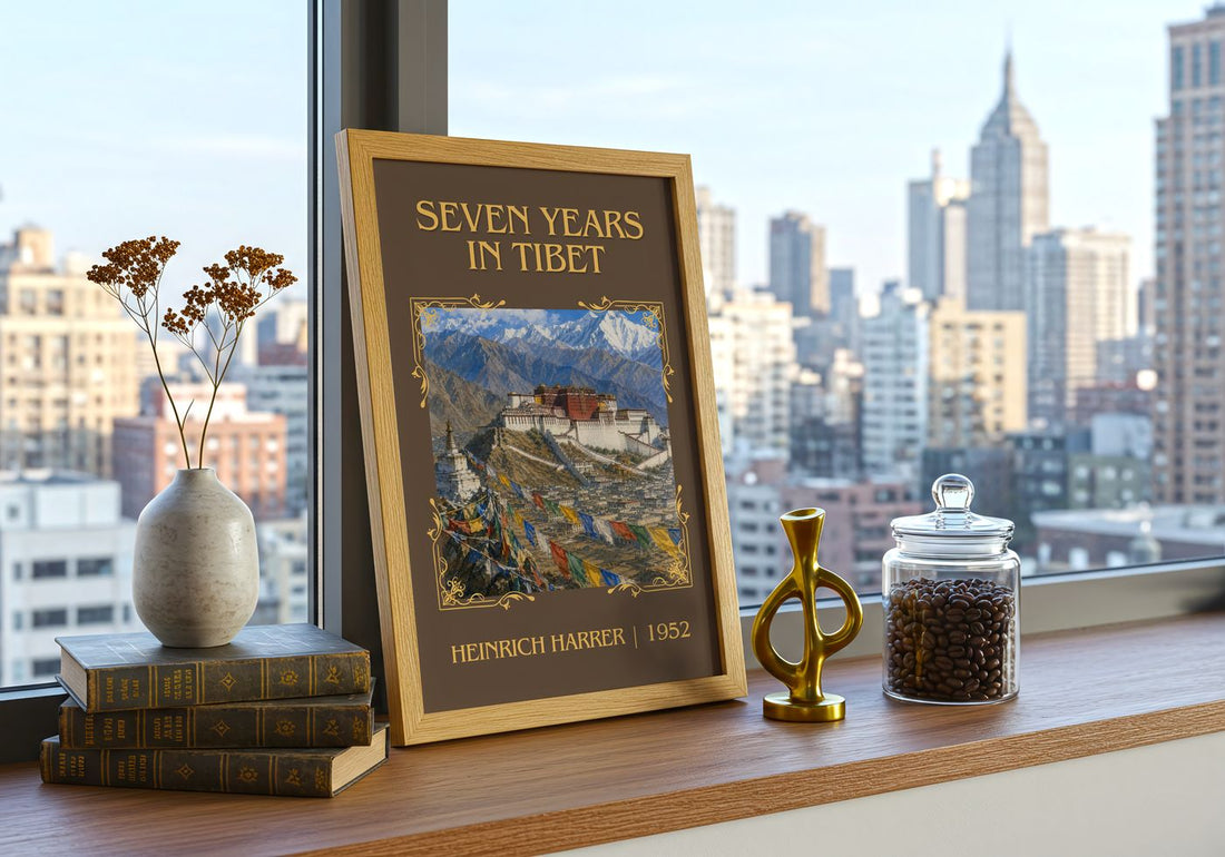 Seven Years in Tibet Classic Book Art Print by Heinrich Harrer – framed print on a city-view windowsill
