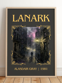 Lanark Classic Book Art Print by Alasdair Gray – framed print leaning on a wooden floor