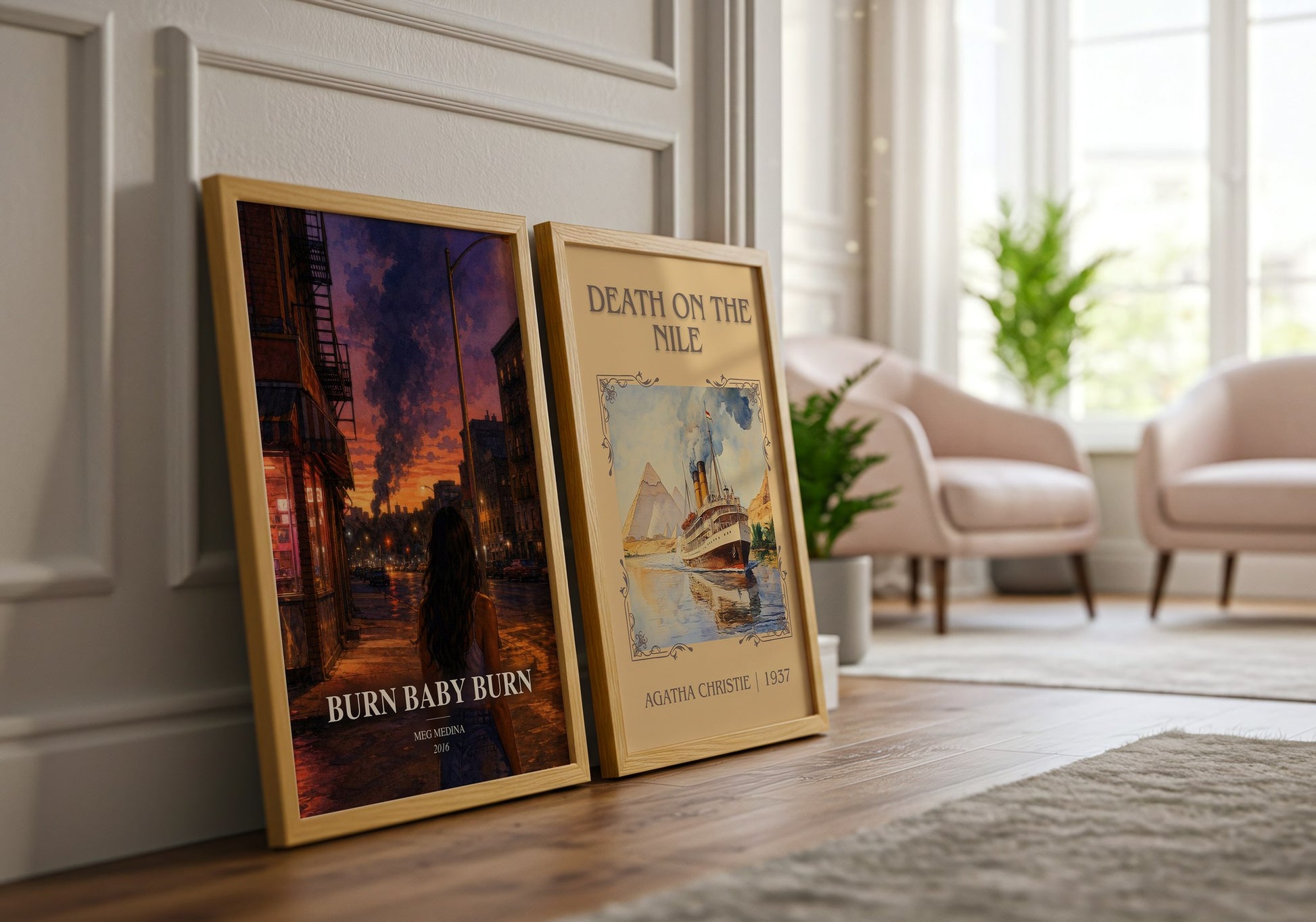 Burn Baby Burn watercolour print framed by window – literary home decor