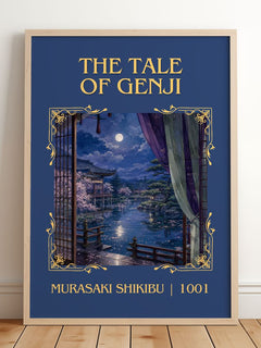 The Tale of Genji Classic Book Art Print by Murasaki Shikibu – framed print leaning on a wooden floor