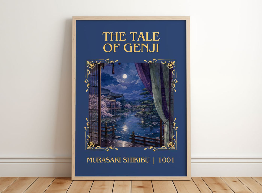 The Tale of Genji Classic Book Art Print by Murasaki Shikibu – framed print leaning on a wooden floor