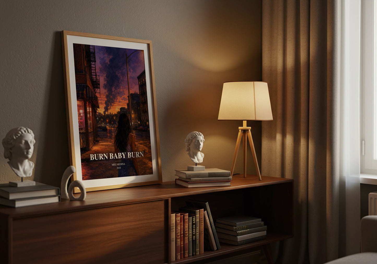 Burn Baby Burn watercolour print on bookshelf – Meg Medina fan gift