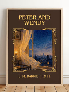 Peter And Wendy Classic Book Art Print by J. M. Barrie – framed print leaning on a wooden floor