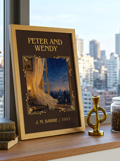 Peter And Wendy Classic Book Art Print by J. M. Barrie – framed print on a city-view windowsill