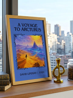 A Voyage To Arcturus Classic Book Art Print by David Lindsay – framed print on a city-view windowsill