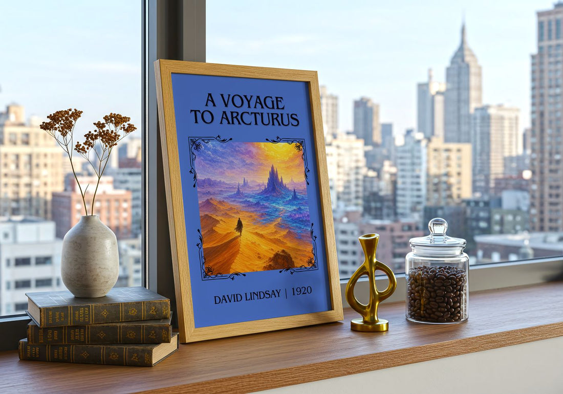 A Voyage To Arcturus Classic Book Art Print by David Lindsay – framed print on a city-view windowsill