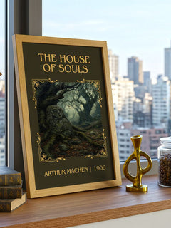 The House Of Souls Classic Book Art Print by Arthur Machen – framed print on a city-view windowsill