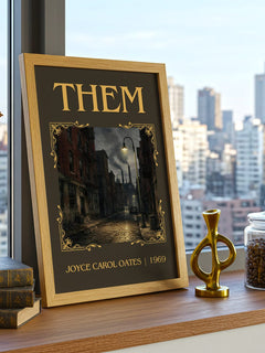 Them Classic Book Art Print by Joyce Carol Oates – framed print on a city-view windowsill