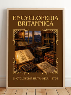 Encyclopedia Britannica Classic Book Art Print by E. Britannica – framed print leaning on a wooden floor