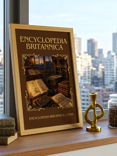 Encyclopedia Britannica Classic Book Art Print by E. Britannica – framed print on a city-view windowsill