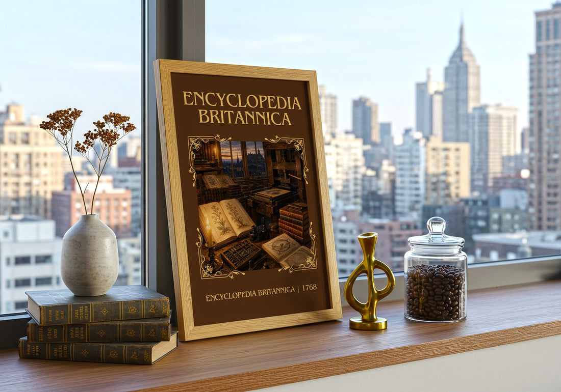 Encyclopedia Britannica Classic Book Art Print by E. Britannica – framed print on a city-view windowsill