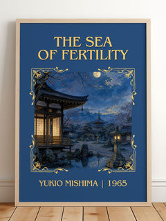 The Sea of Fertility Classic Book Art Print by Yukio Mishima – framed print leaning on a wooden floor