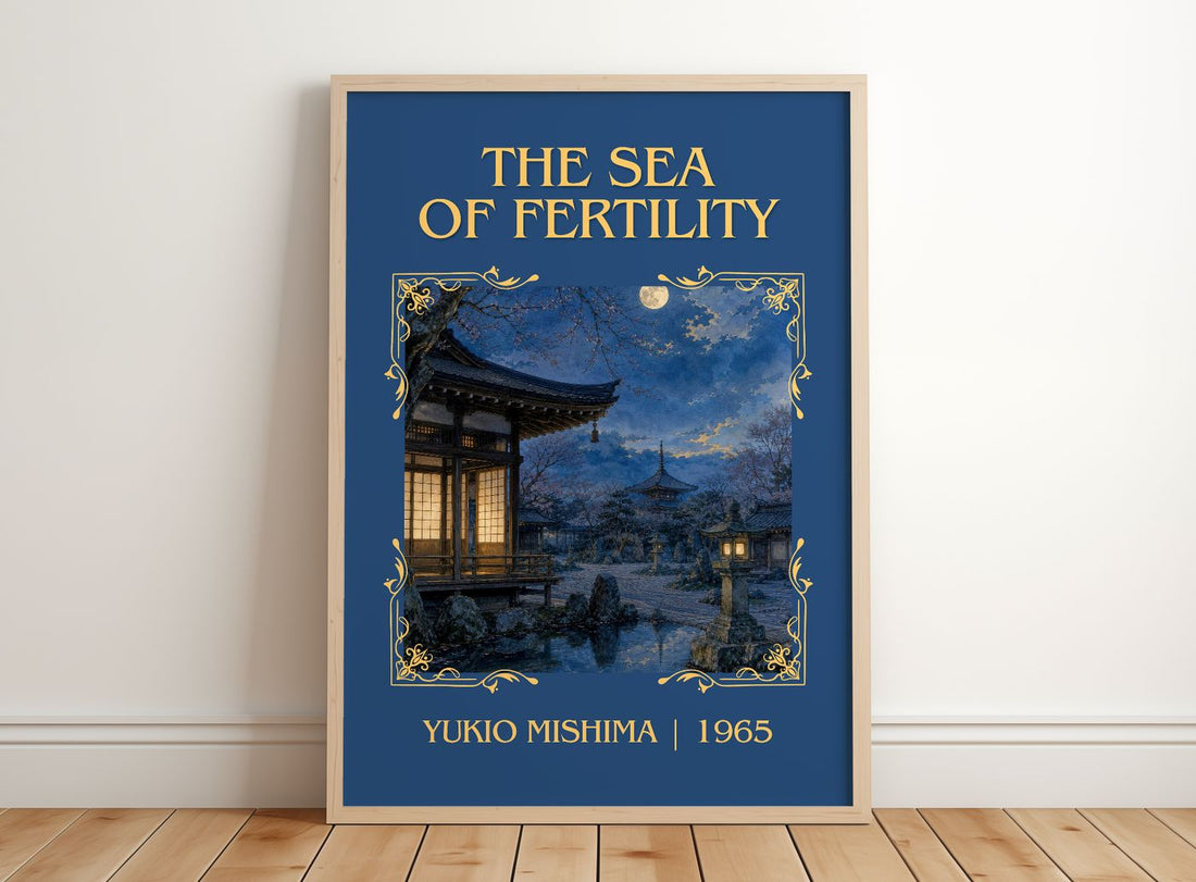 The Sea of Fertility Classic Book Art Print by Yukio Mishima – framed print leaning on a wooden floor