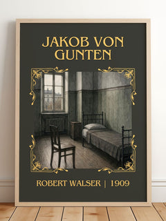 Jakob Von Gunten Classic Book Art Print by Robert Walser – framed print leaning on a wooden floor