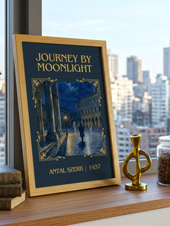 Journey by Moonlight Classic Book Art Print by Antal Szerb – framed print on a city-view windowsill