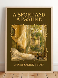 A Sport and a Pastime Classic Book Art Print by James Salter – framed print leaning on a wooden floor