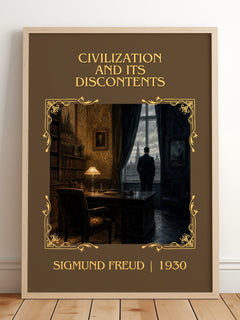 Civilization and Its Discontents Classic Book Art Print by S. Freud – framed print leaning on a wooden floor
