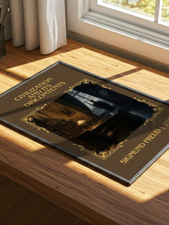 Civilization and Its Discontents Classic Book Art Print by S. Freud – print on a sunlit desk