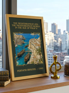 The Mediterranean And The Mediterranean World In The Age Of Philip Ii Classic Book Art Print by Fernand Braudel – framed print on a city-view windowsill