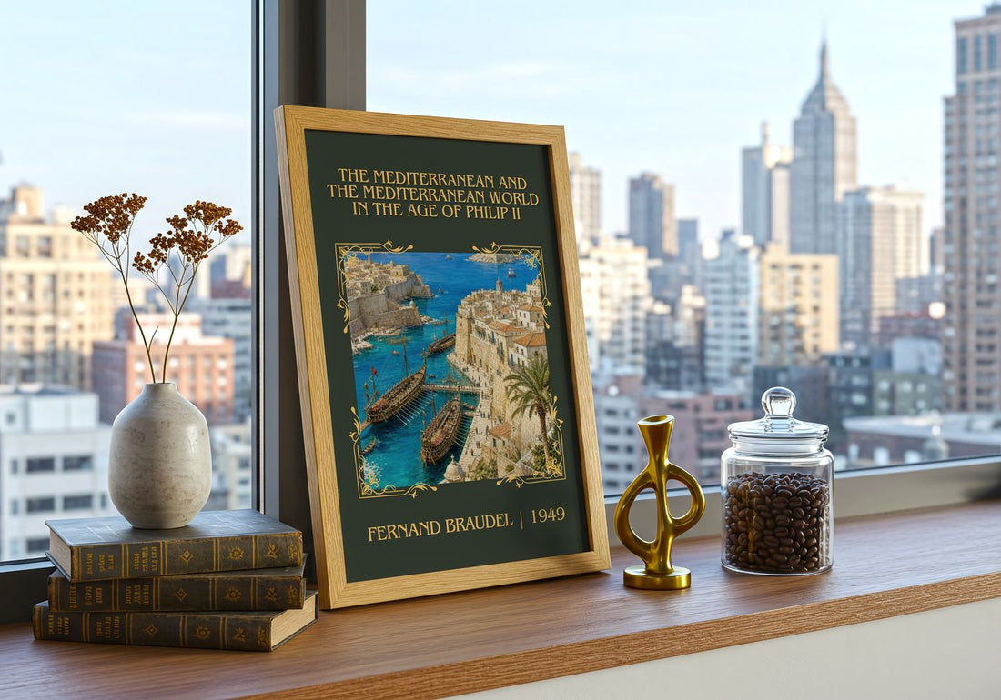 The Mediterranean And The Mediterranean World In The Age Of Philip Ii Classic Book Art Print by Fernand Braudel – framed print on a city-view windowsill