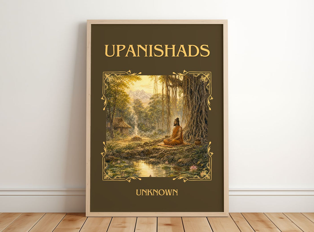 Upanishads Classic Book Art Print by Unknown – framed print leaning on a wooden floor
