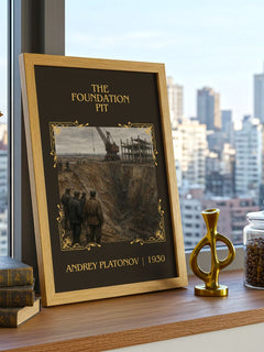 The Foundation Pit Classic Book Art Print by Andrey Platonov – framed print on a city-view windowsill