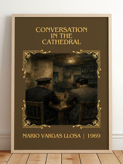 Conversation in the Cathedral Classic Book Art Print by M. Llosa – framed print leaning on a wooden floor