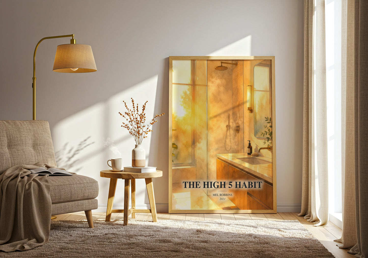The High 5 Habit watercolour print in frame leaning in hallway – non fiction wall art