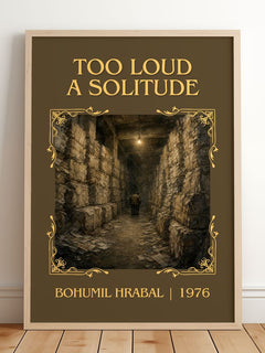 Too Loud A Solitude Classic Book Art Print by Bohumil Hrabal – framed print leaning on a wooden floor