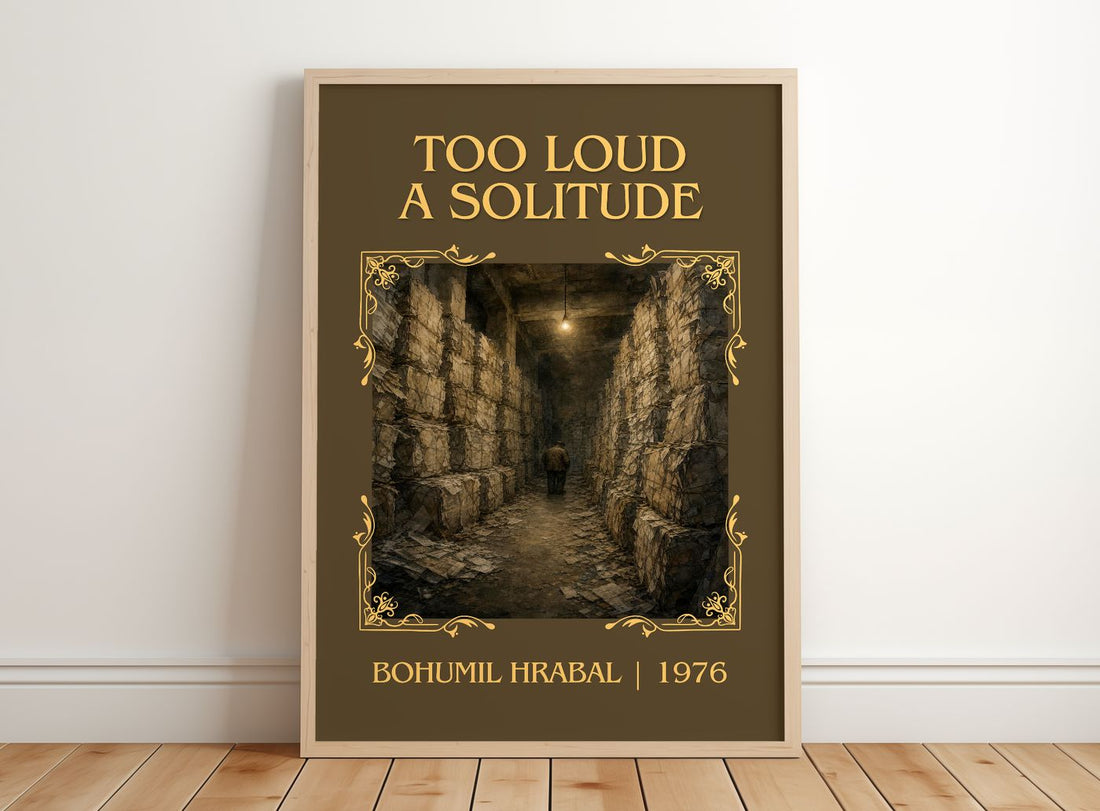 Too Loud A Solitude Classic Book Art Print by Bohumil Hrabal – framed print leaning on a wooden floor