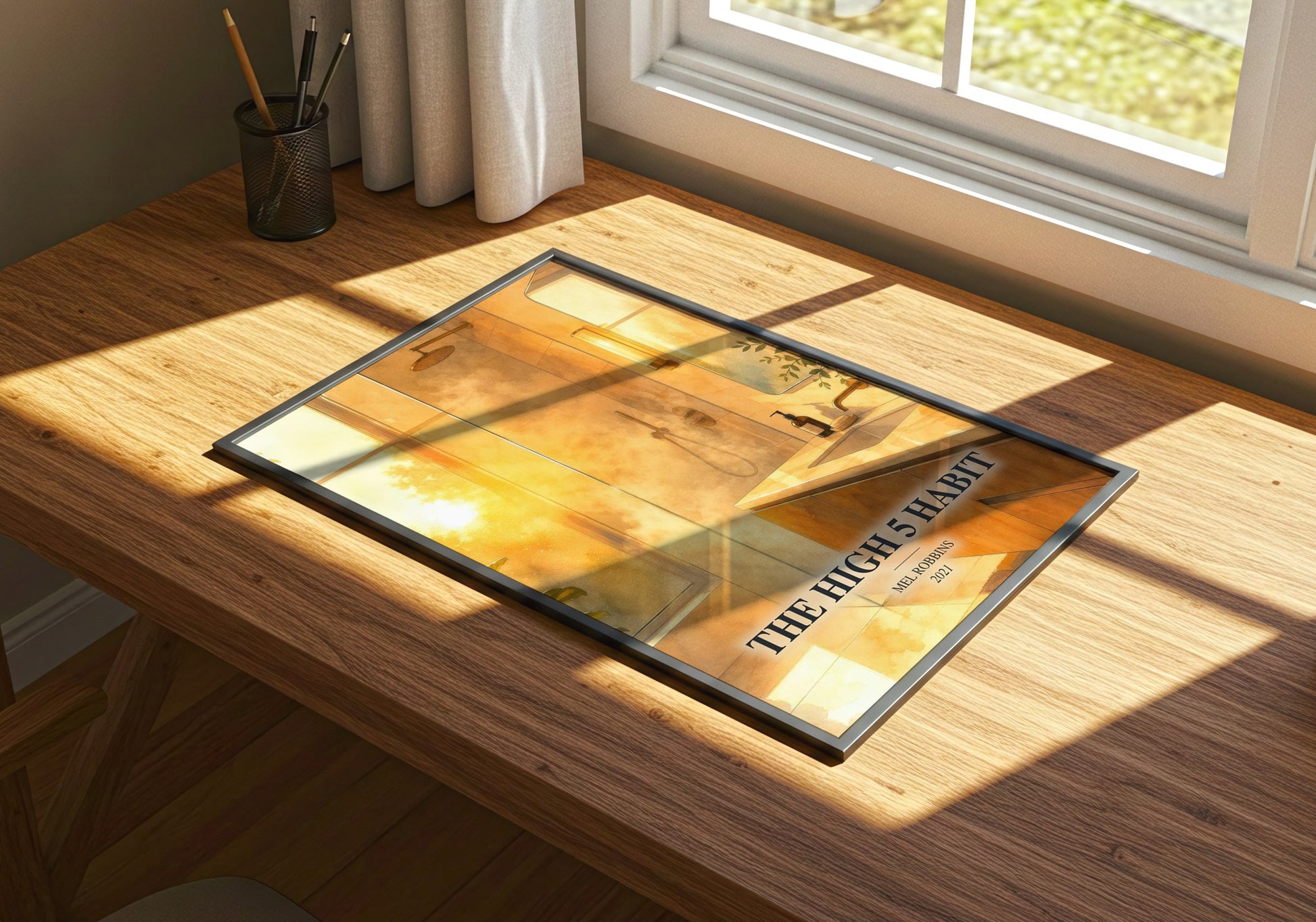 The High 5 Habit watercolour book poster framed on wall – non fiction wall art